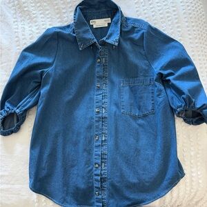 KM Meegham Women's Blue Denim Button Down Shirt stand up collar